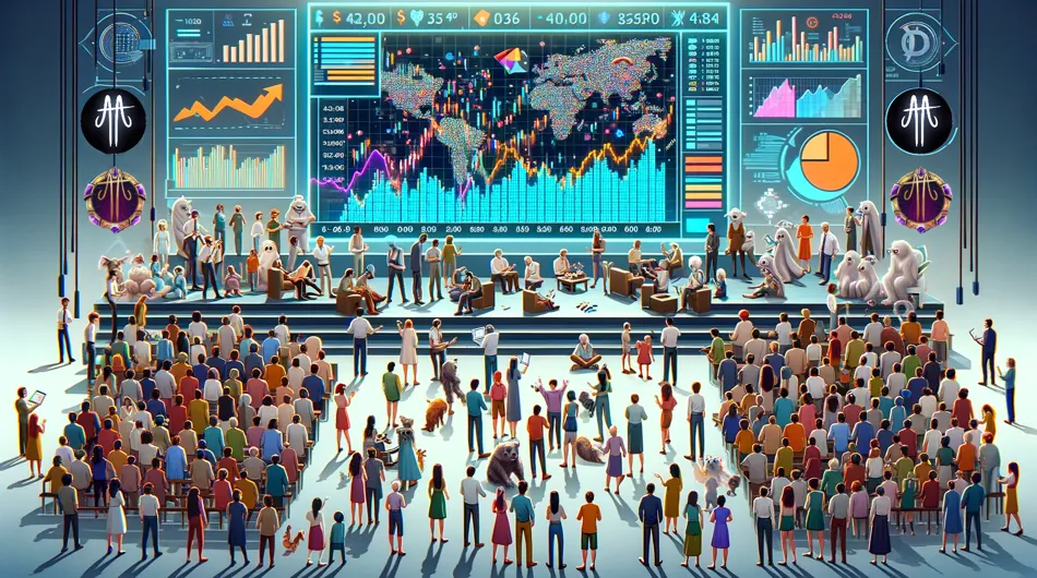 salle de marché animée avec écrans affichant des données financières, peuplée d'humains et de créatures fantastiques avec écrans