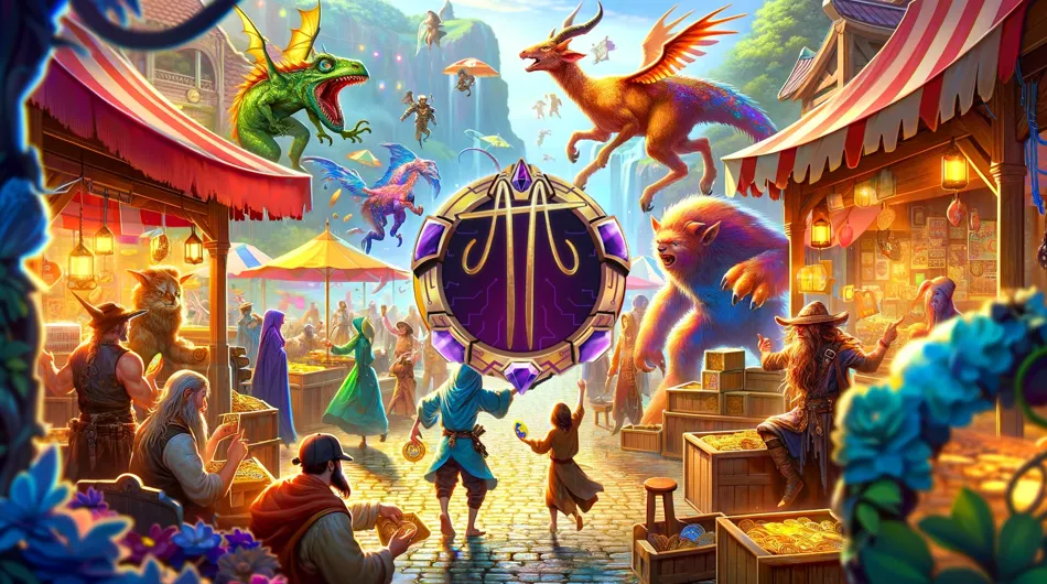 Scène de marché animée dans un univers fantastique avec des créatures mythiques et des personnages autour du logo de Cross The Age
