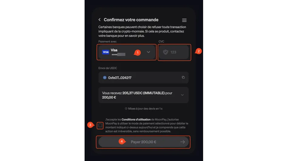 Écran de confirmation de paiement cryptomonnaie affichant une option de paiement Visa, un champ CVC, et le montant