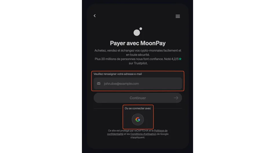 Écran de paiement MoonPay demandant l'adresse e-mail de l'utilisateur avec une option pour se connecter via Google
