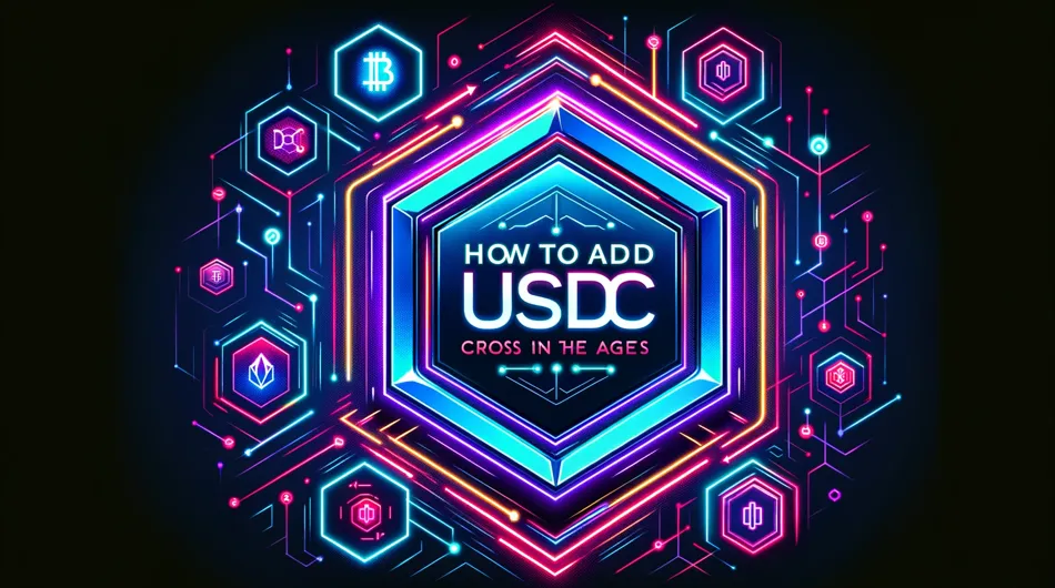 hexagon infographic titled 'How to Add USDC' with icons for various cryptocurrencies against a dark background, promoting CTA