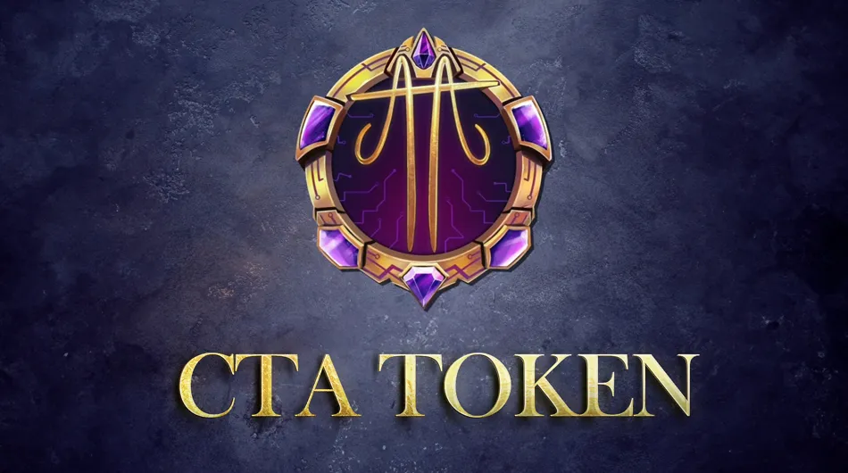 Logo du CTA TOKEN avec un design circulaire, des détails en or, des pierres précieuses violettes, et des lignes dorées