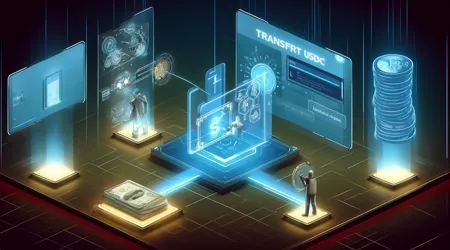 mage futuriste d'une plateforme de transfert de cryptomonnaie avec hologrammes interactifs affichant des données financières