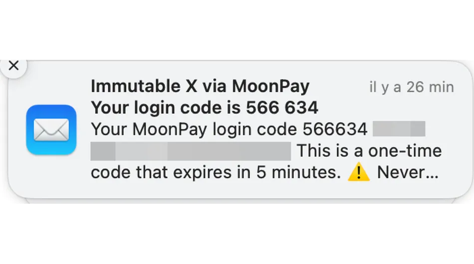 Notification message displaying a one-time login code for Immutable X via MoonPay